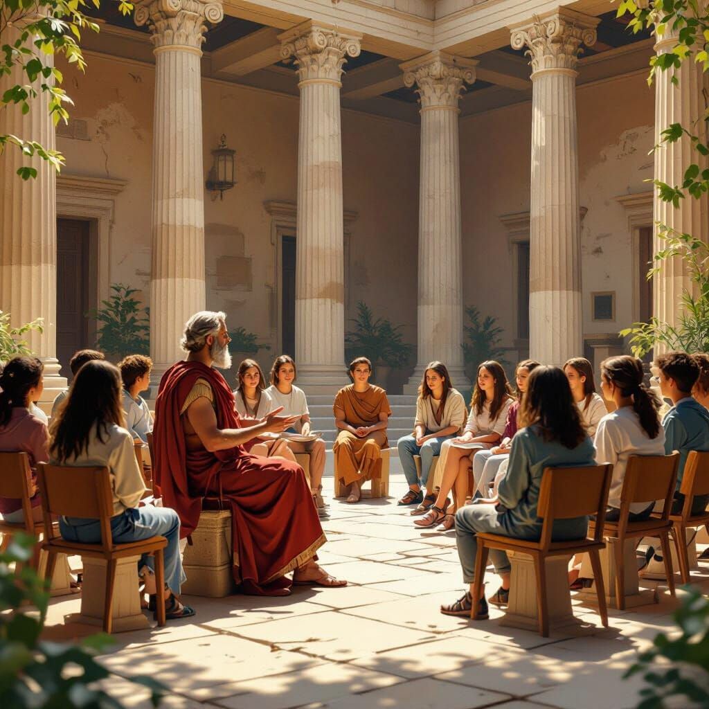 Greek Philosopher Teaching Teens in Sunlit Courtyard