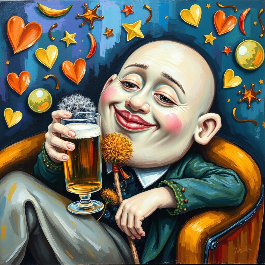 Whimsical Character Lounging with Beer in Expressionist Styl...
