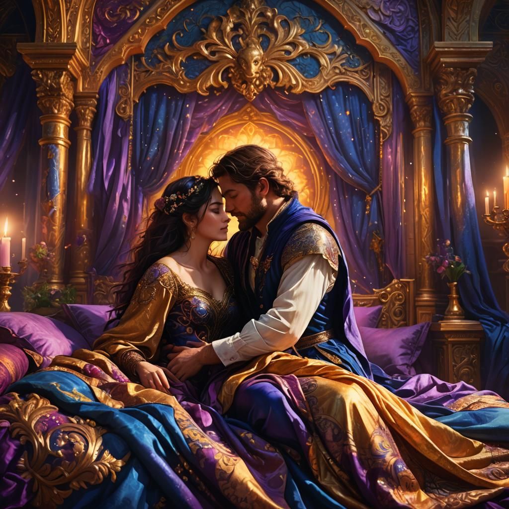 Fantasy Embrace in Ornate Bed, Oil Painting Style
