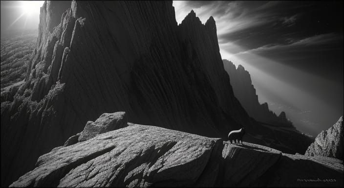 Chiaroscuro Climbing Goat on a Rugged Cliff Face