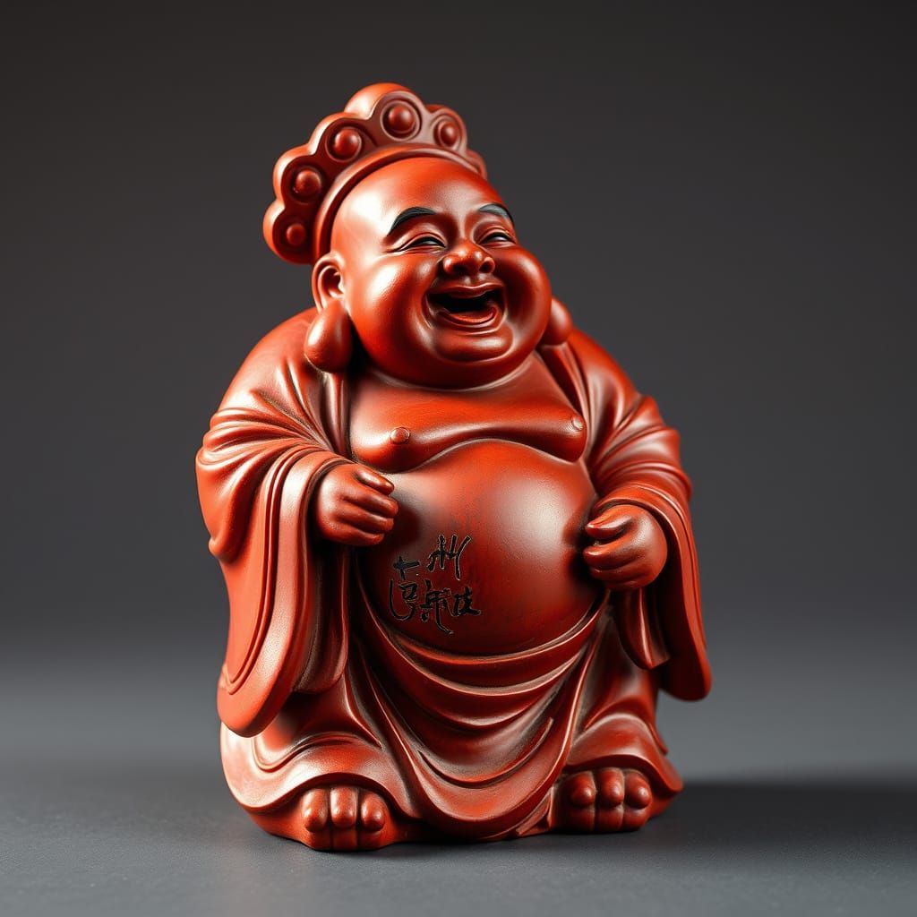 Intricate Red Wooden Laughing Buddha Statue