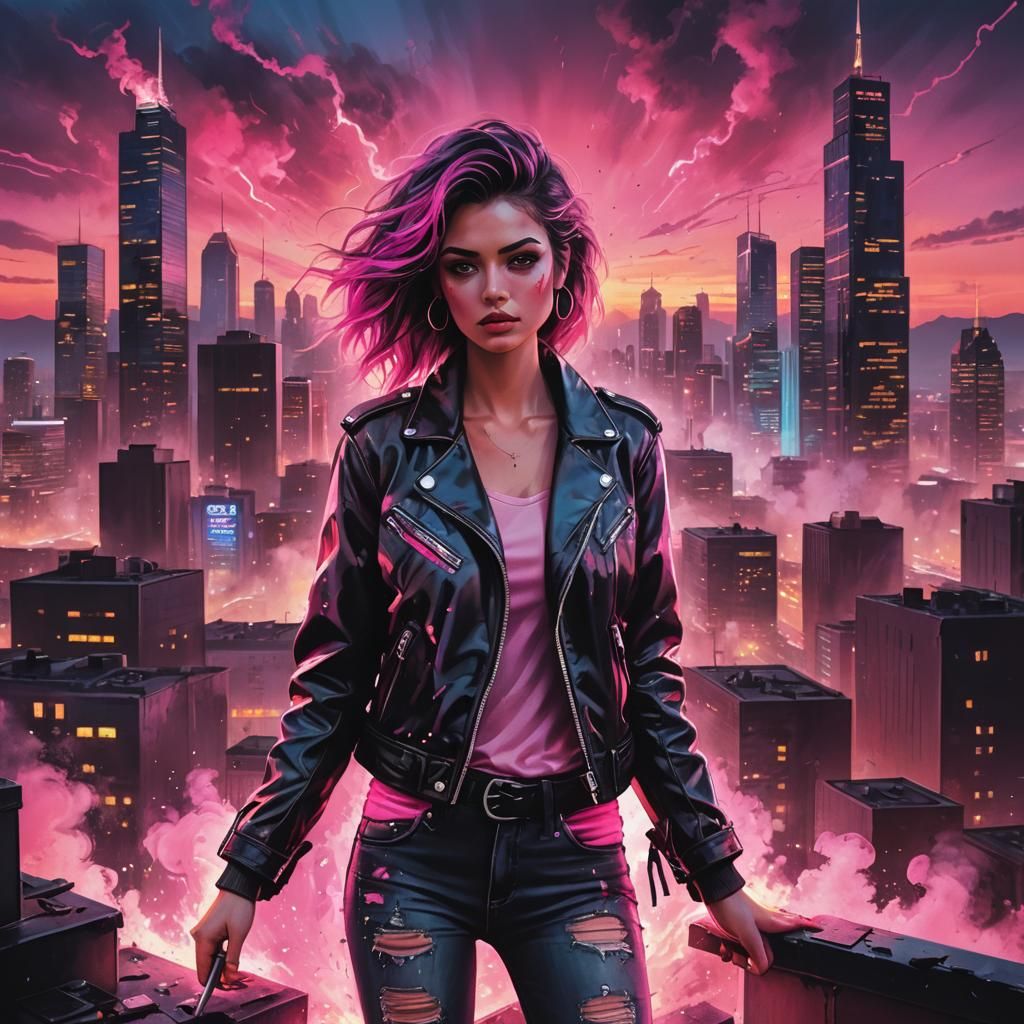 Mob Wife in Neon 80s Cityscape: Splash Art
