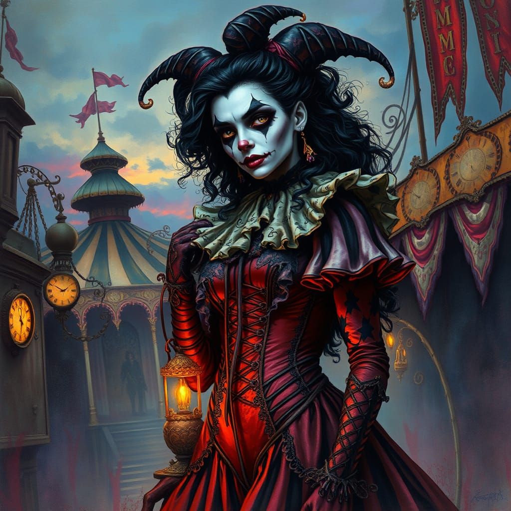 Mysterious Harlequin at Dusk in Eerie Victorian Carnival
