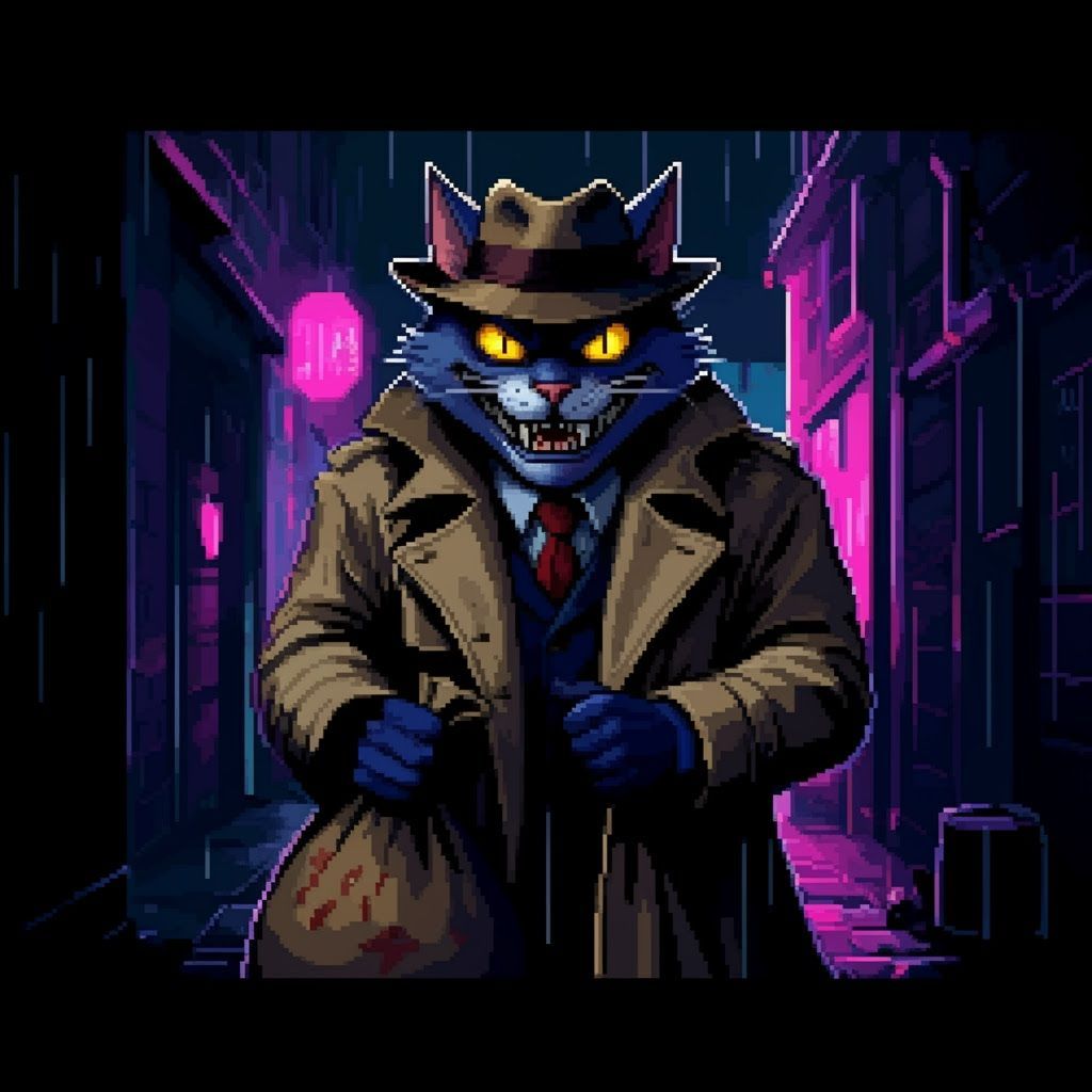 Sly Cat in Fedora: 16-bit Pixel Art Alleyway