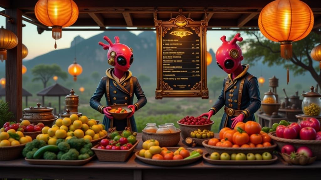 Steampunk Alien Farm Stand at Dusk