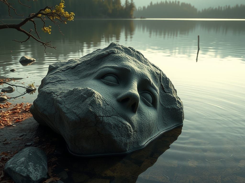 Granite Boulder Face Emerging from Serene Lake