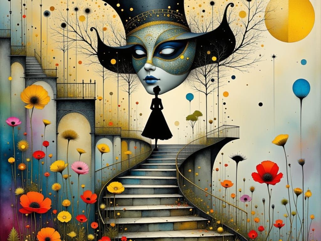 Surreal Wonderland Scene in Klimt-Inspired Staircase with Es...