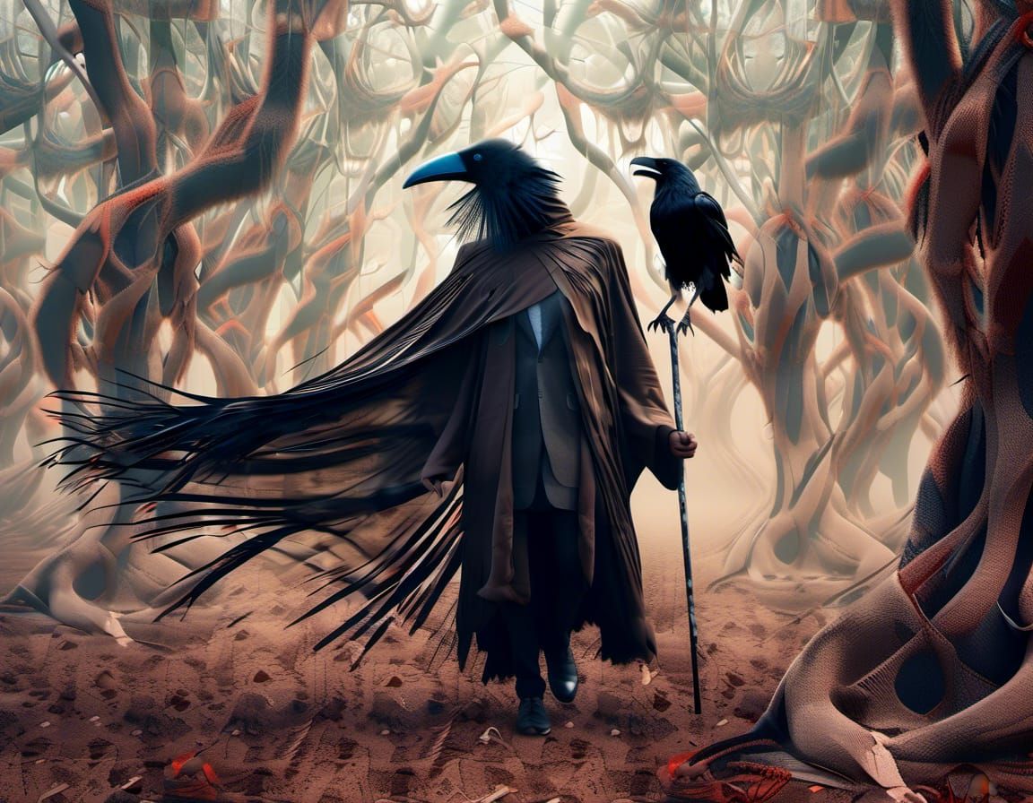 Wizard Crow in Eerie Forest, Surreal Fantasy Art
