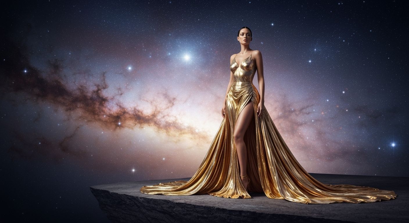 Regal Woman in Liquid Gold Gown Amidst Cosmic Nebula