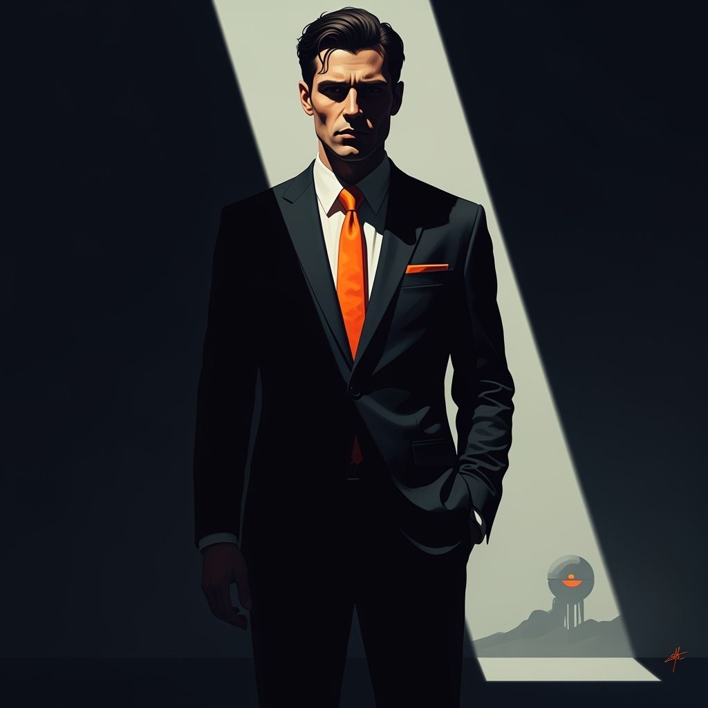 Man in Black Suit with Orange Tie in Shadow