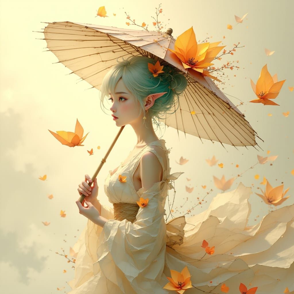 Woman in Origami Outfit: Detailed 3D Anime Art