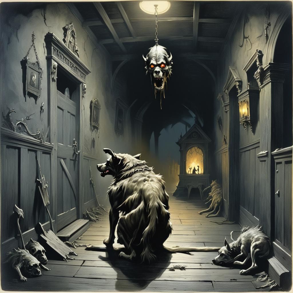 Hellhound in Haunted House: Horror Illustration