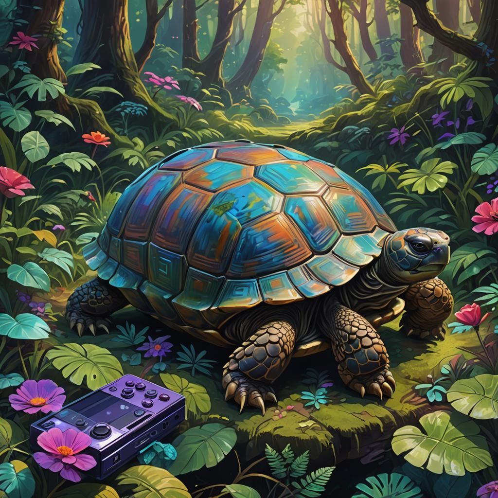Tortoise Playing Video Games in Lush Forest