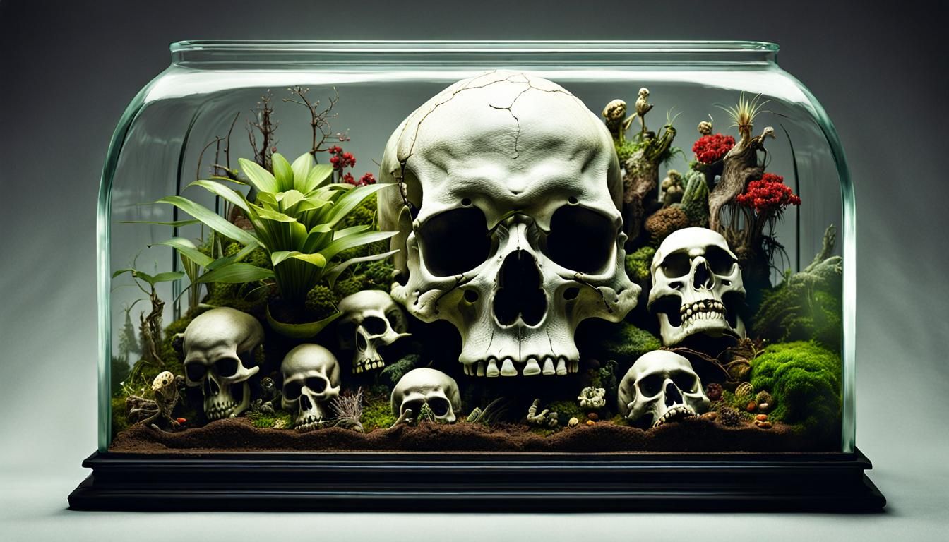 Horror Terrarium with Apocalyptic Plants and Skull