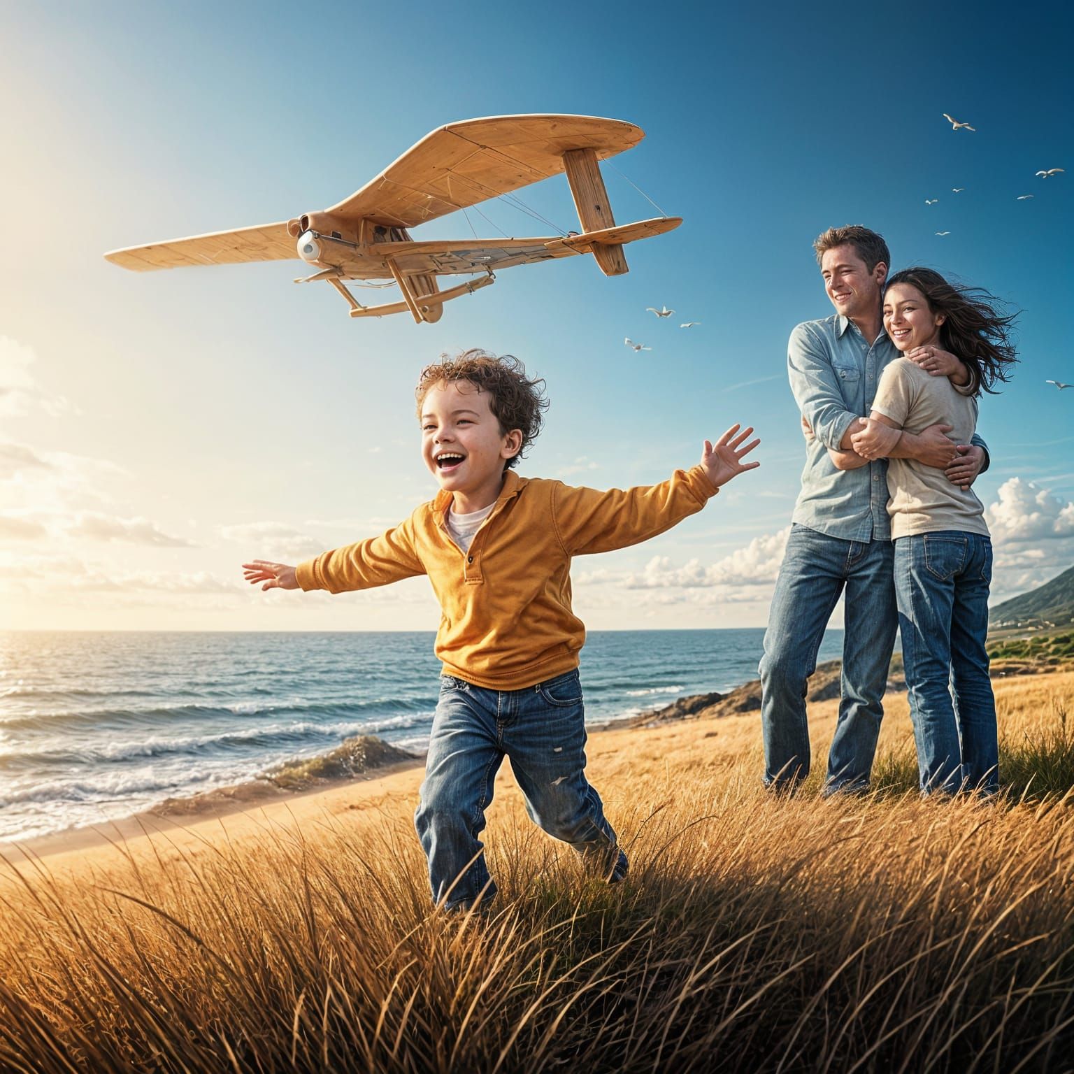 Joyful Boy Soars in Hyperrealistic Ocean Scene