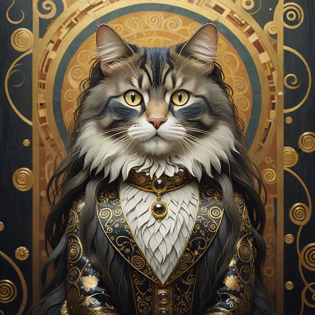 Klimt-Inspired Feline Masterpiece in Opulent Digital Style