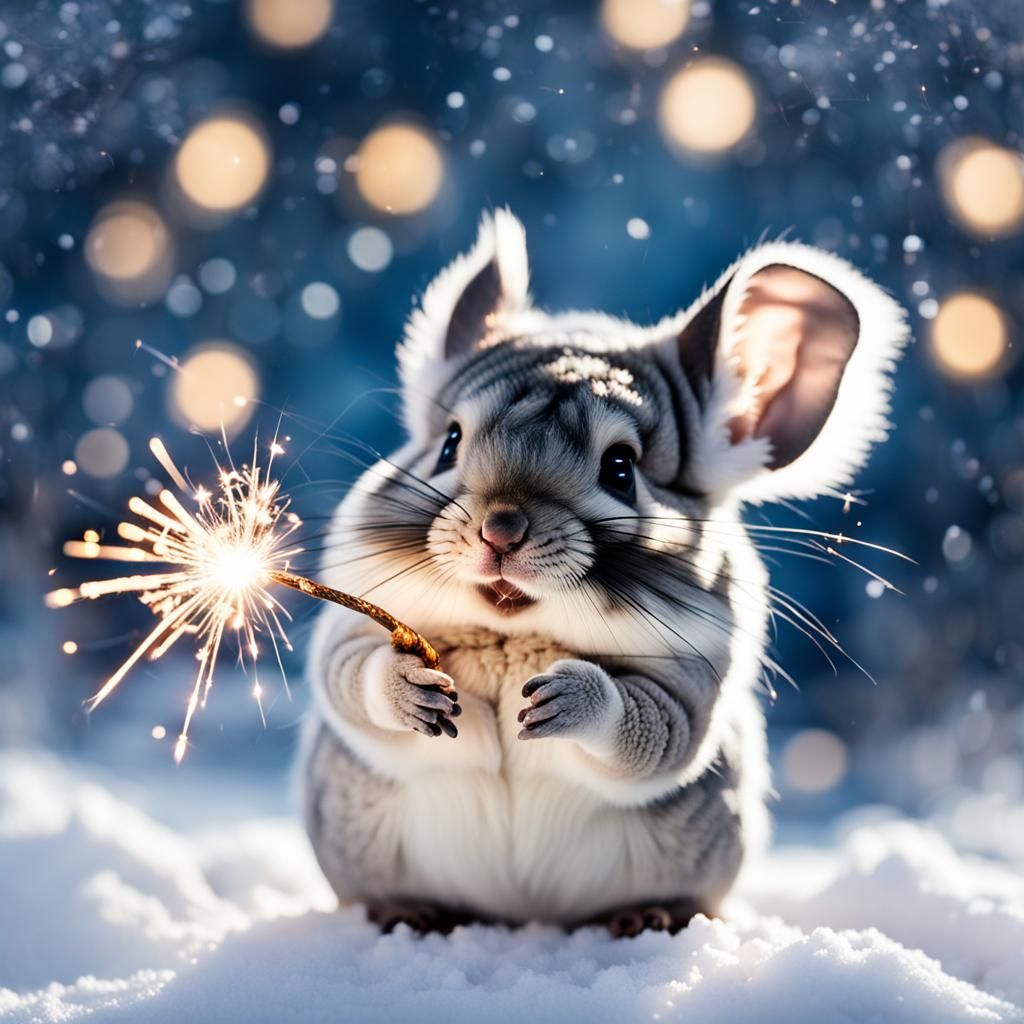 Smiling Chinchilla with Sparkler in Snowy Scene