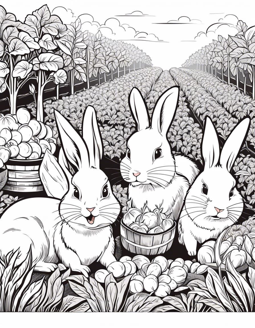 Cute Rabbits Eating Carrots: Black and White Line Art