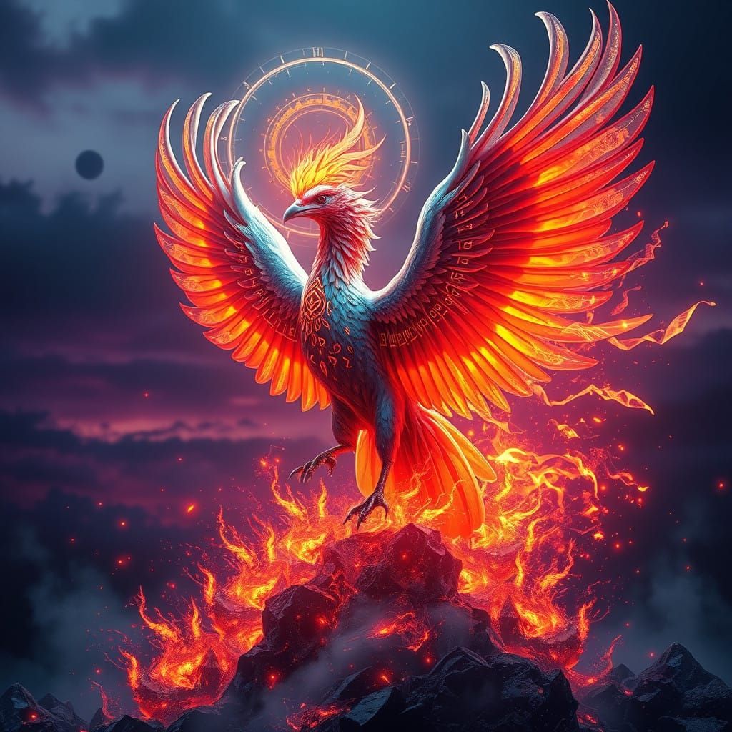 Majestic Phoenix Reborn in Holographic Flames