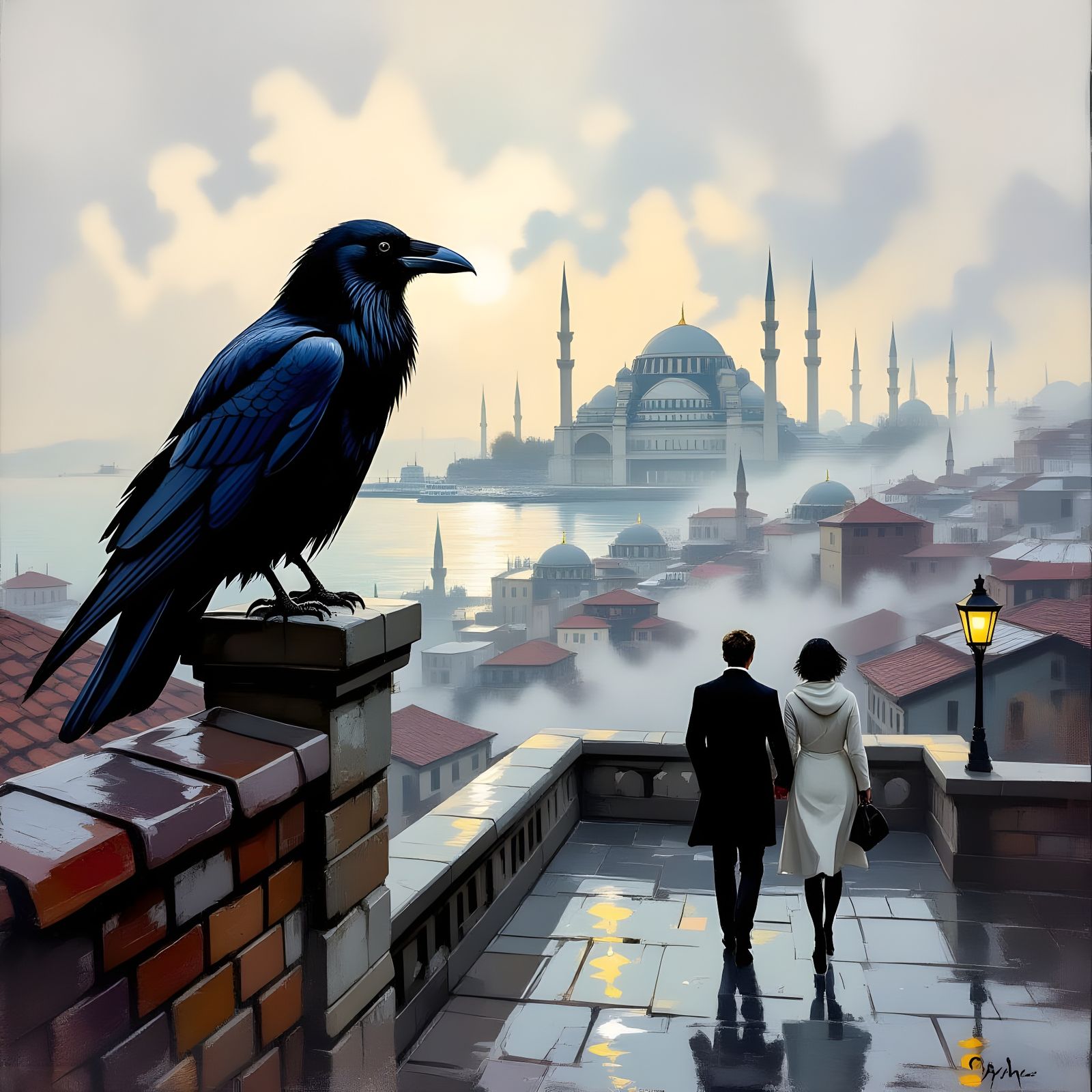 Raven on Istanbul Rooftop in Aivazovsky Oil Painting Style