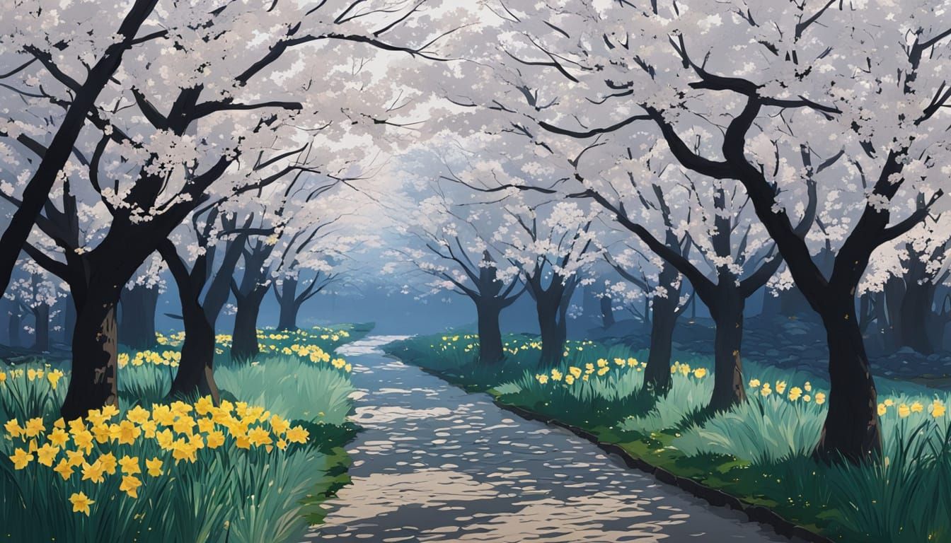 Japanese Winter Daffodils Bloom in Minimalist Yamato-e Style