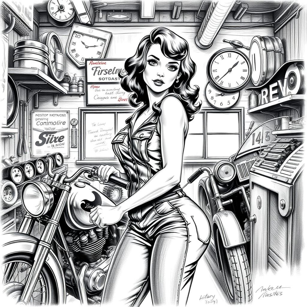 Pin-Up Girl Garage Mechanic in Vintage Style Pencil Sketch