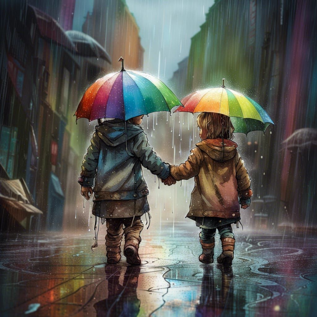 Toddlers Walking in the Rain: Fantasycore Artwork