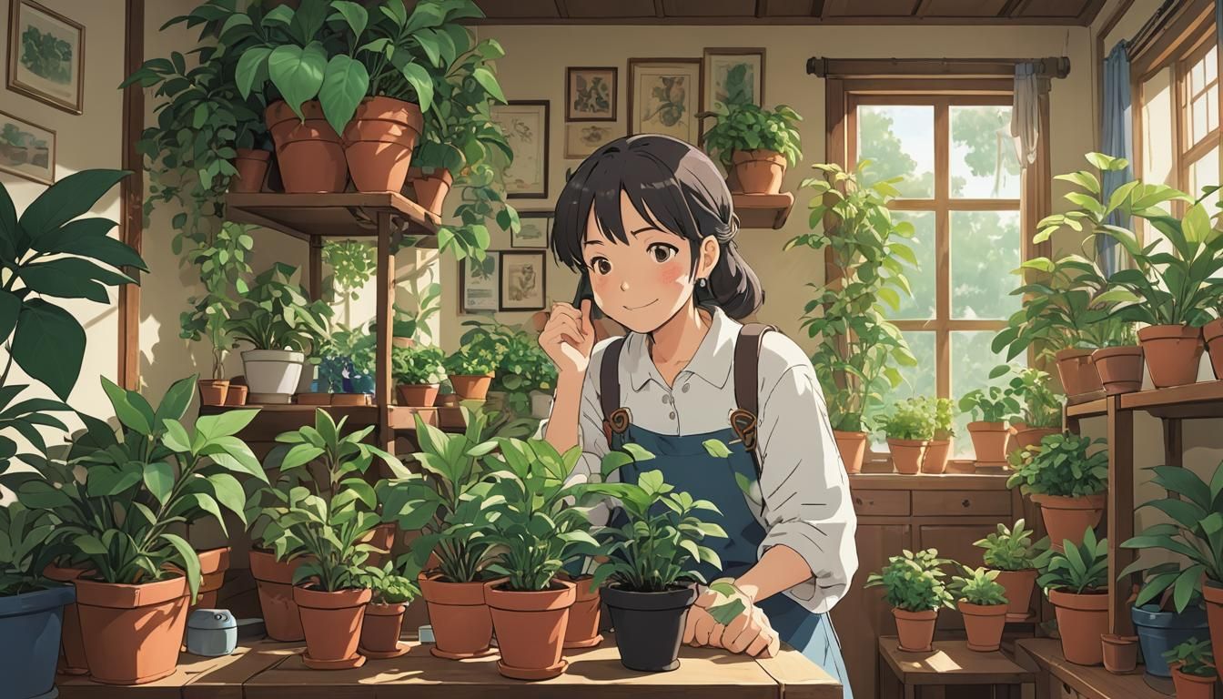 Sweet Cartoon Girl with Plants in Ghibli Style