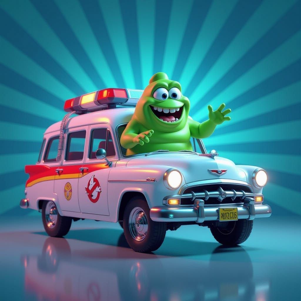 Pixar Style Ghostbusters Ambulance With Slimer Driving