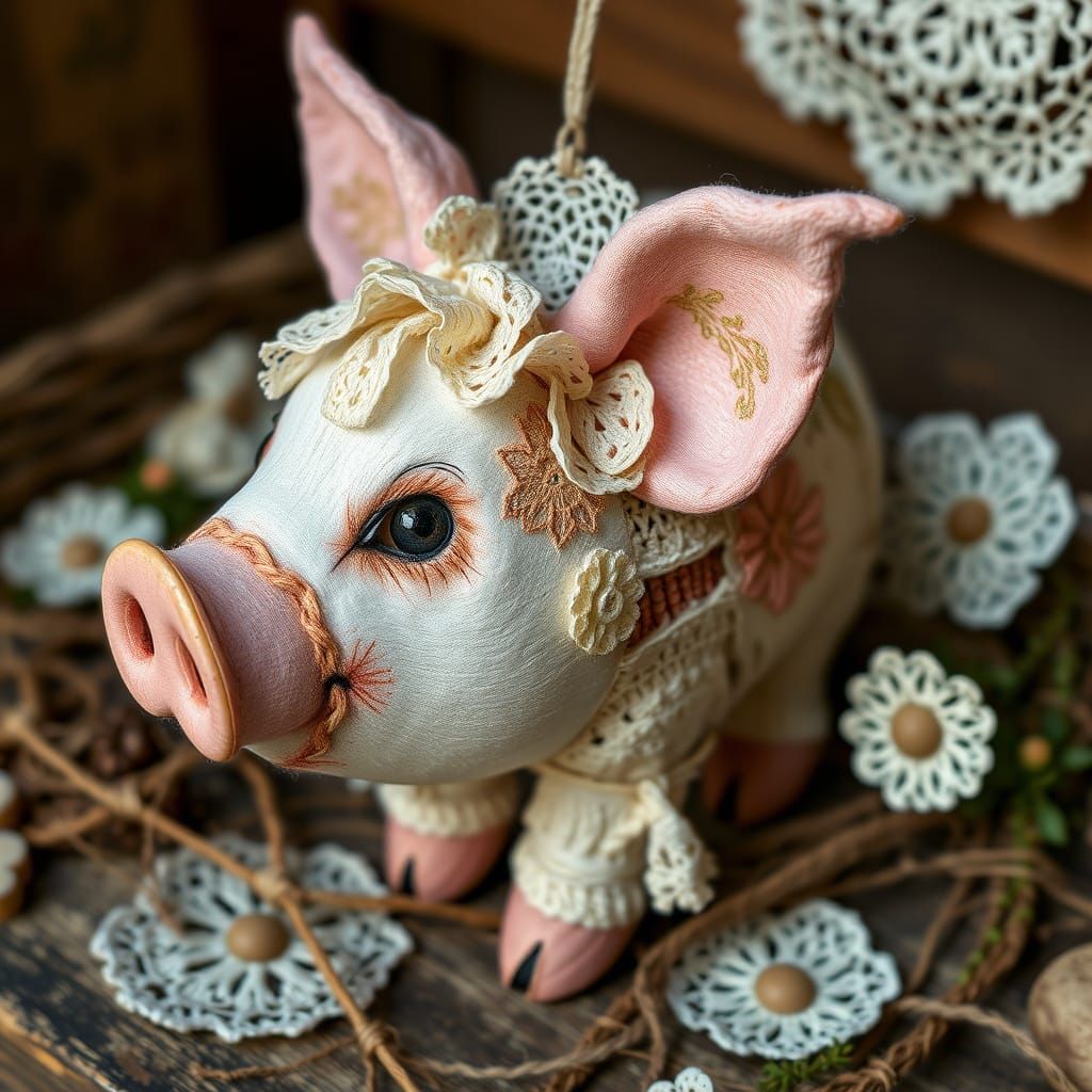 Whimsical Fabric Pig in Folk-Art Style