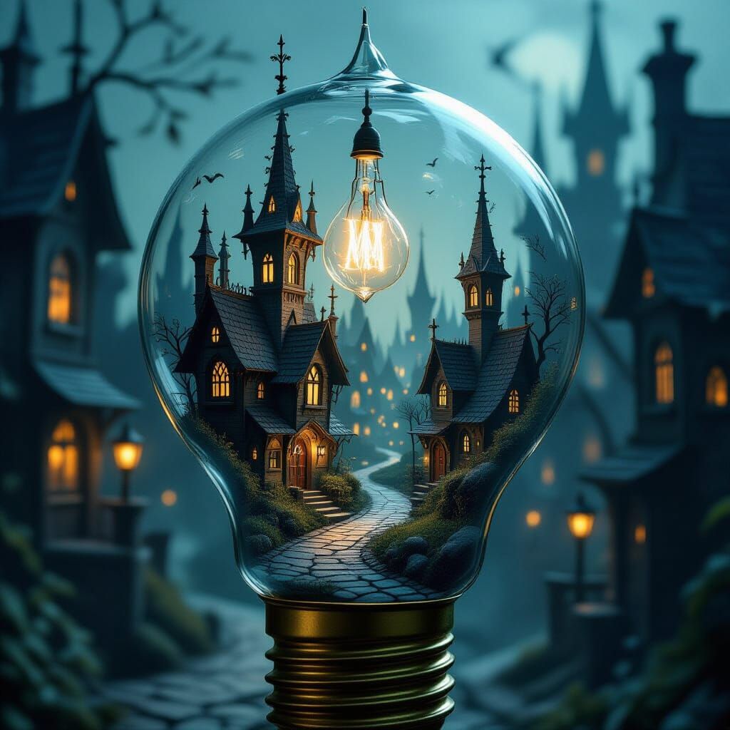 Gothic Miniature City Inside Glowing Light Bulb
