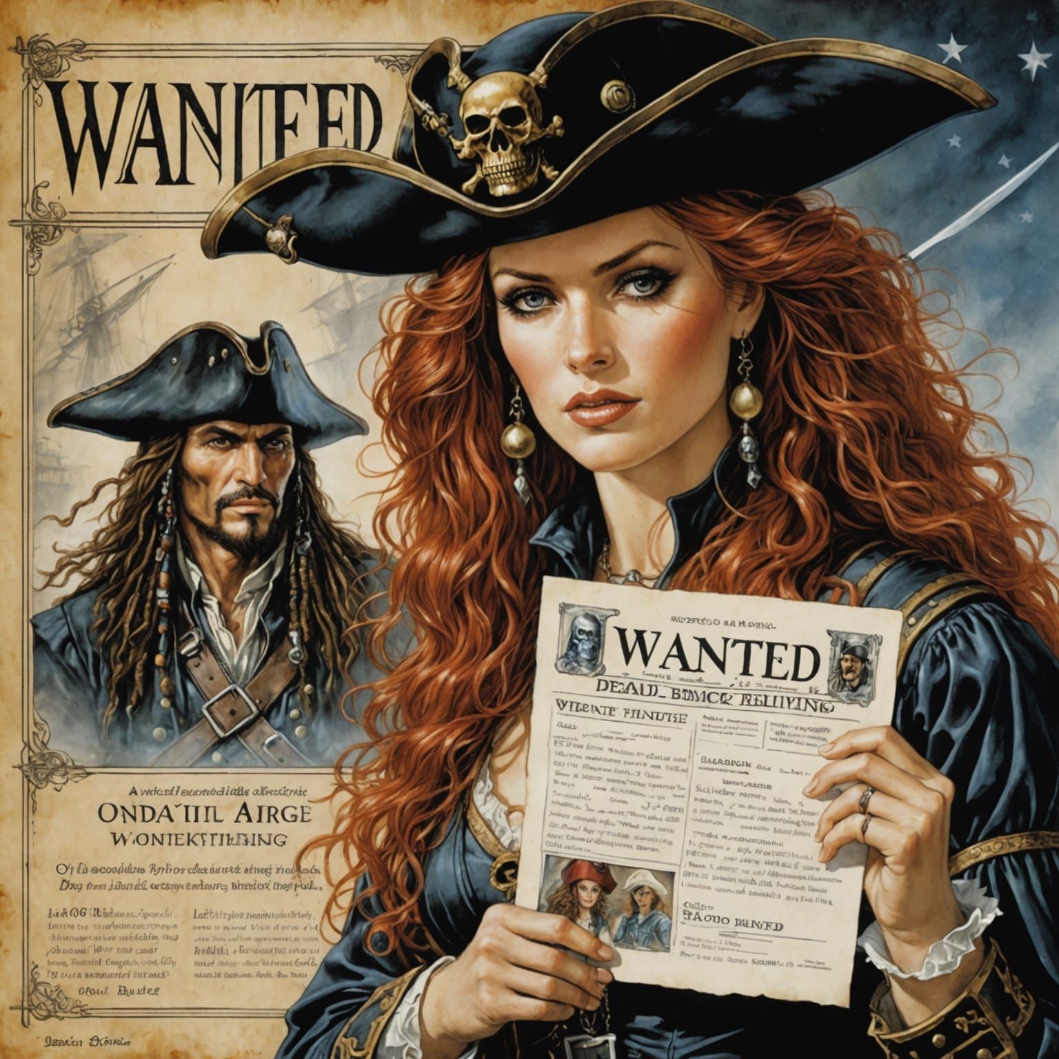 Spaceman Gazing at Wanted Pirate Poster in Fantasy Art