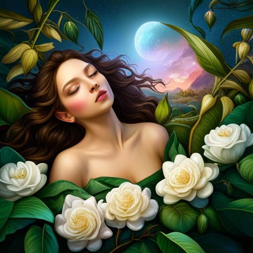 Fairy Sleeping in Glass Gardenia: Fantasy Art