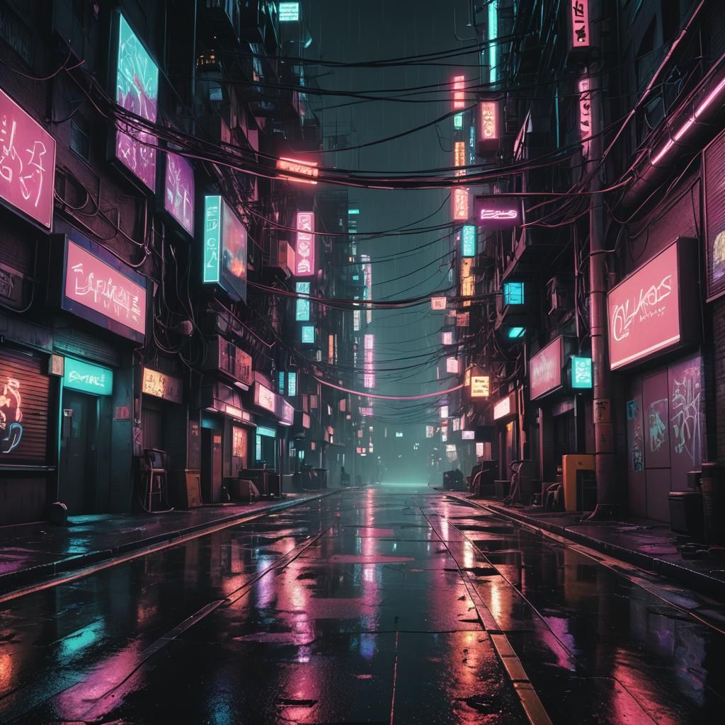 Futuristic Cyberpunk Alley with Pulsating Neon Lights