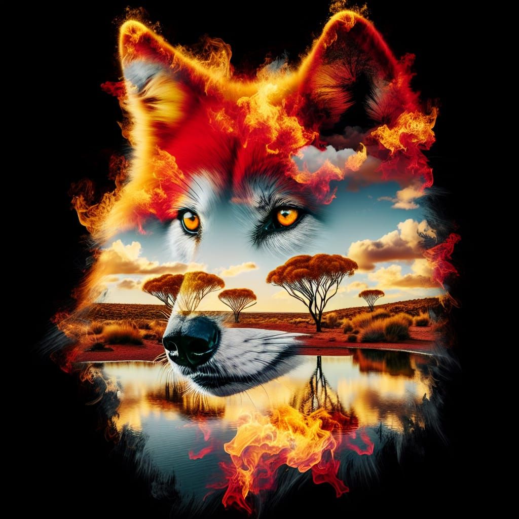 Flaming Dingo Double Exposure Portrait in Digital Art
