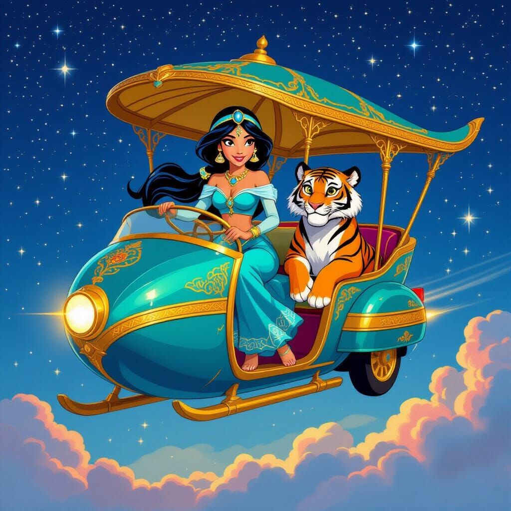 Jasmine and Tiger in Flying Taxi, Retro-Futuristic Art