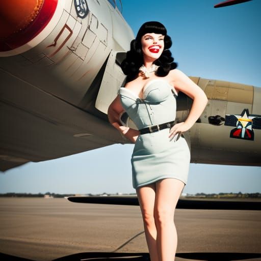 Bettie Page Pin-Up on B-17 Airplane