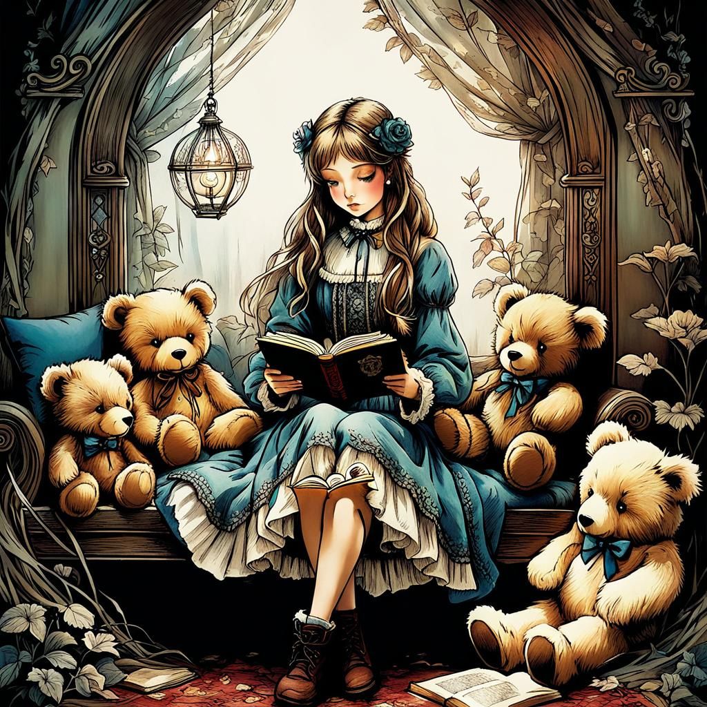 Girl Reads to Teddy Bear in Anime Style