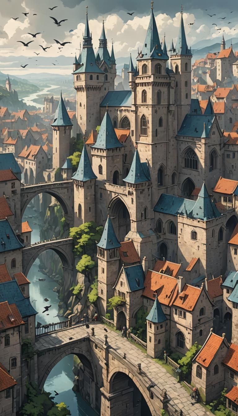 Medieval Cityscape with Birds, Anime Style
