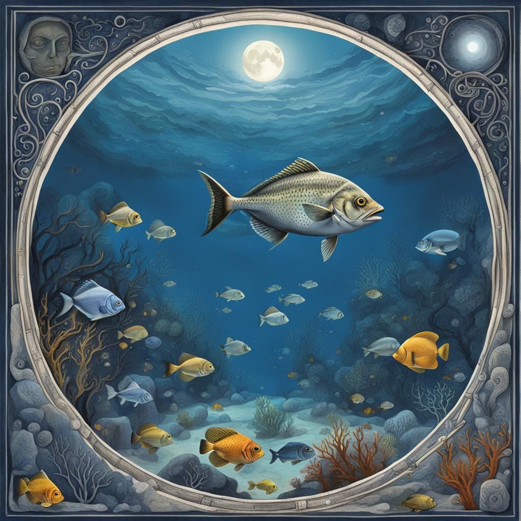 A full moon seen from underwater by fish, scientific illustr...