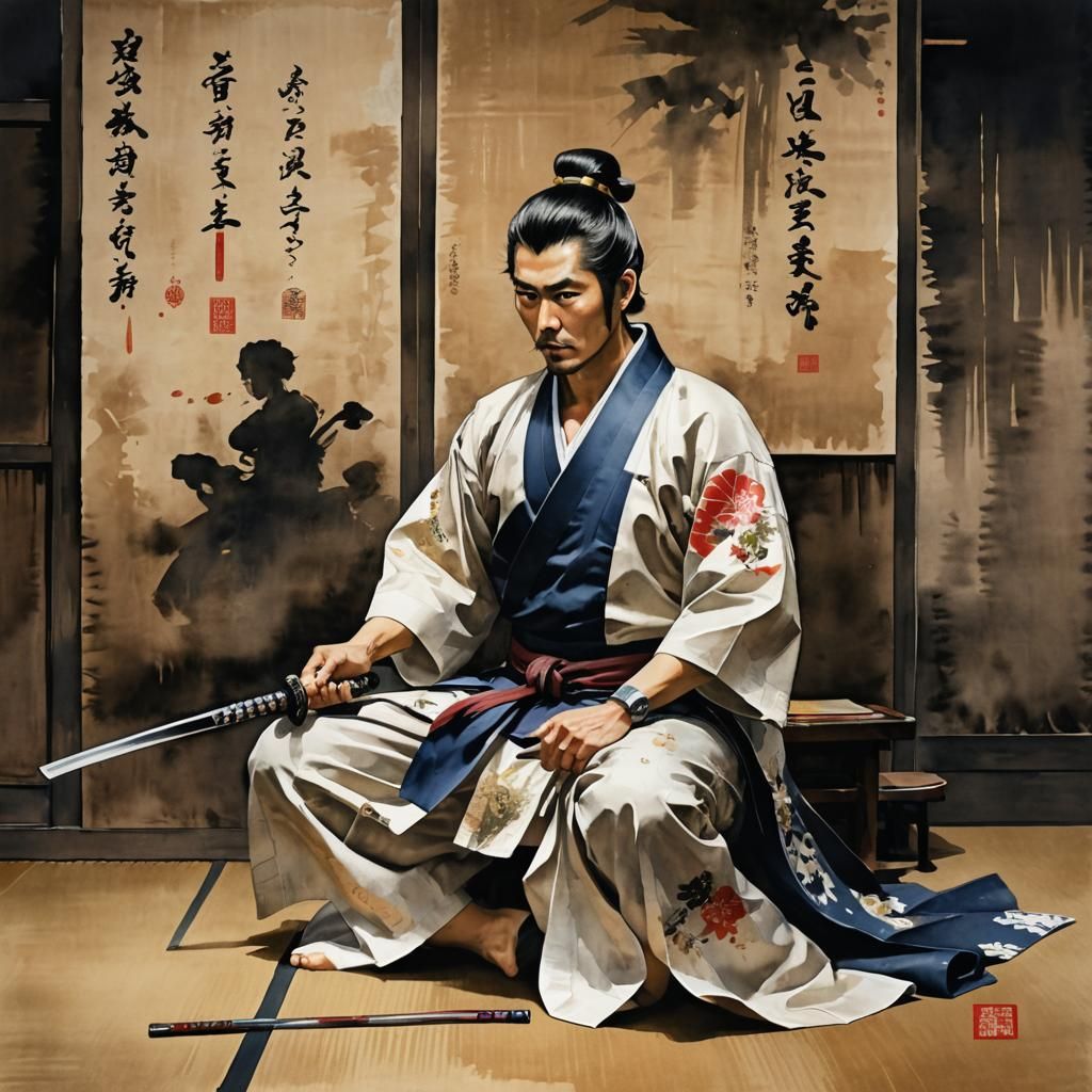 Yakuza Geisha with Katana: Watercolor Style