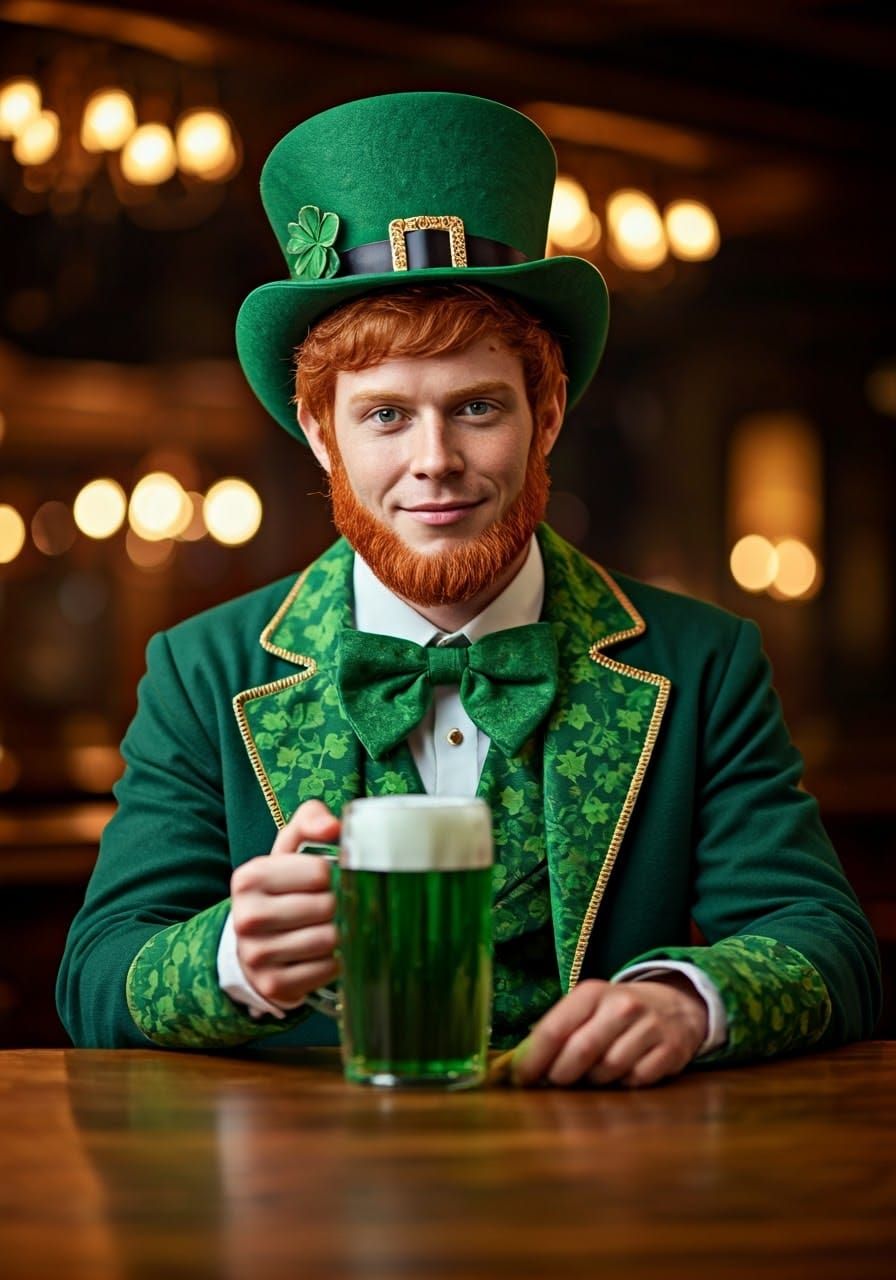 Handsome Leprechaun Sits at Irish Pub Bar with Golden Beer
