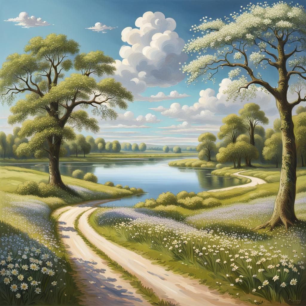 Hyperrealistic Lake Scene in Spring Bloom