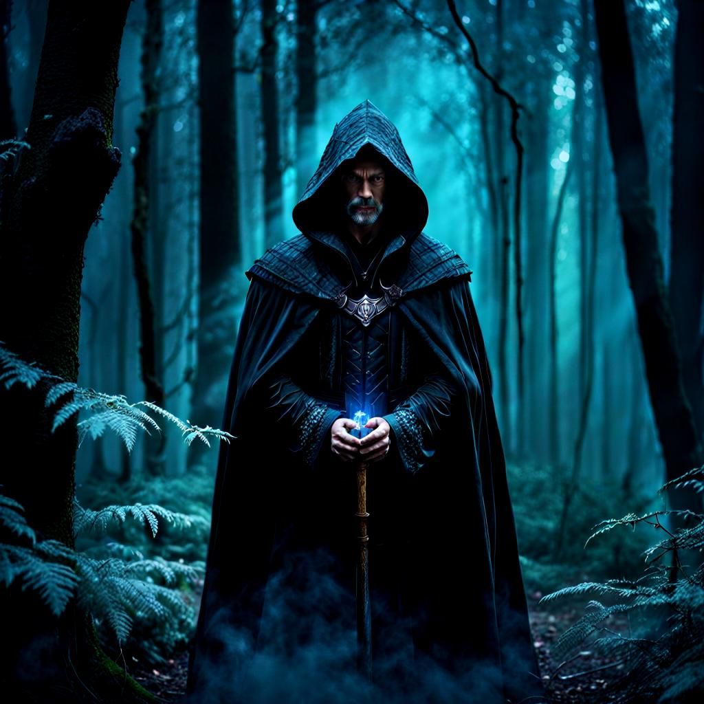 Dark Mage in Forest, Hyperrealistic Matte Painting