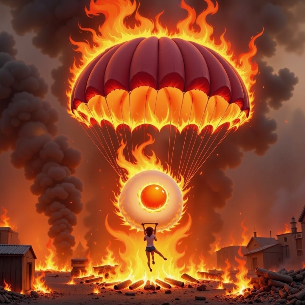 Airborne Angry Egg in Burning Parachute