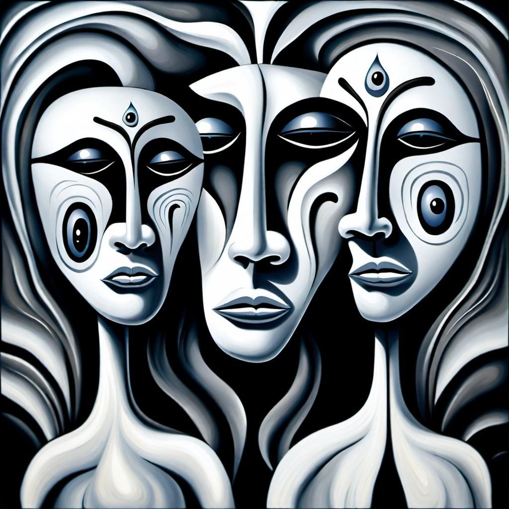 Abstract Faces in White: An Energetic Oil Painting