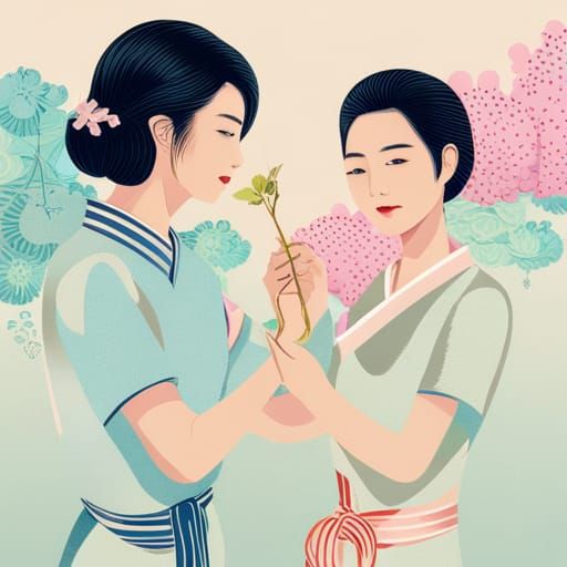 Stylish Women Exchange Gifts in Abstract Japanese Art