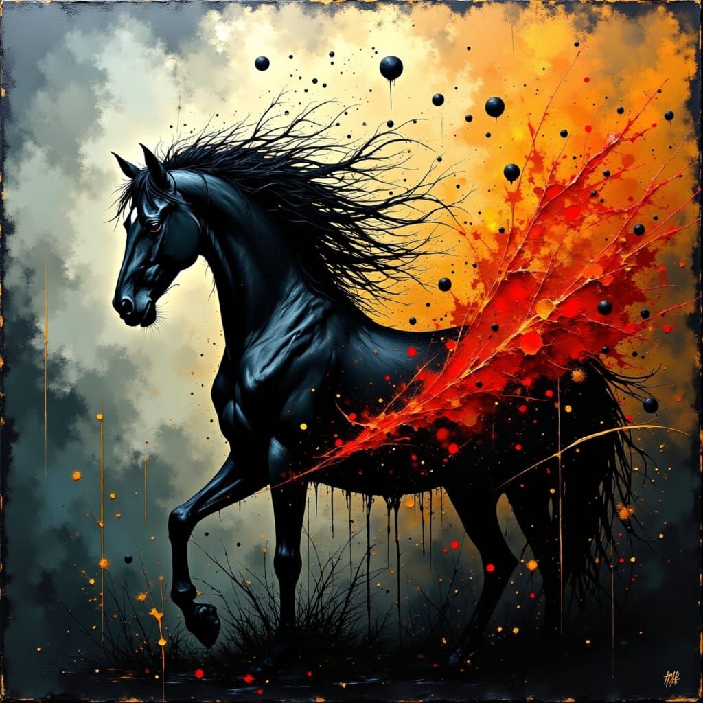 Surreal Black Horse Dissolving in Impasto Oil