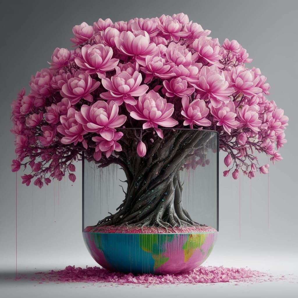 Fantasy Tree Blooms with Pink Magnolia Flowers in a Matte Oi...