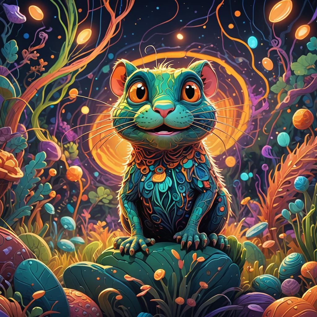 Cartoon Cat Watching Frog in Mixed Media Style